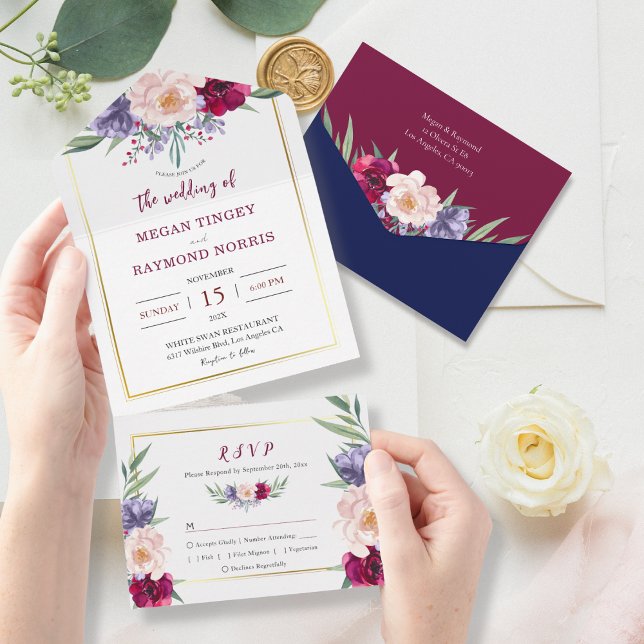 Burgundy & Navy Blue Blush Peony Floral Wedding  All In One Invitation (Creator Uploaded)