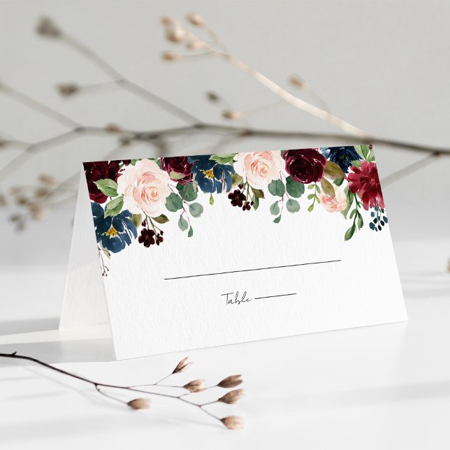 Burgundy Navy Blue & Blush Pink Floral Wedding Place Card (Burgundy Navy Blue & Blush Pink Floral Wedding Place Card)
