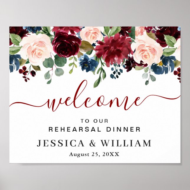 Burgundy Navy Blue Blush REHEARSAL DINNER Welcome  Poster (Front)
