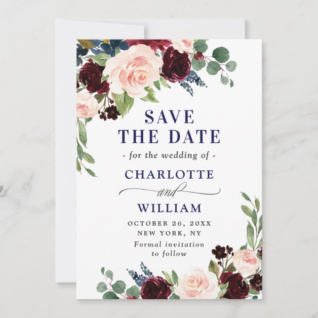 Burgundy Navy Blue Blush Rustic Floral Wedding Save The Date (Front)