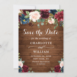 Burgundy Navy Blue Blush Rustic Floral Wedding Save The Date