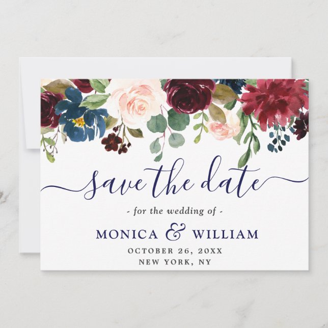 Burgundy Navy Blue Blush Rustic Floral Wedding Save The Date (Front)