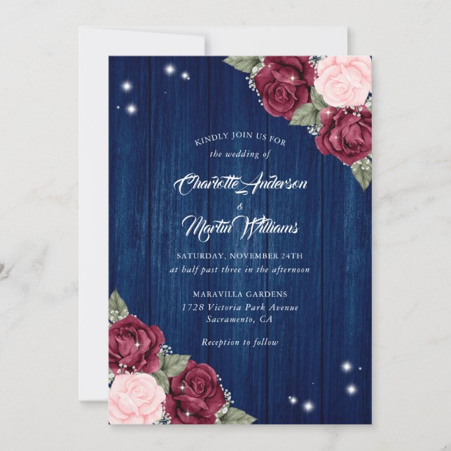 Burgundy Navy Blue Blush Rustic Wood Wedding Invitation (Front)
