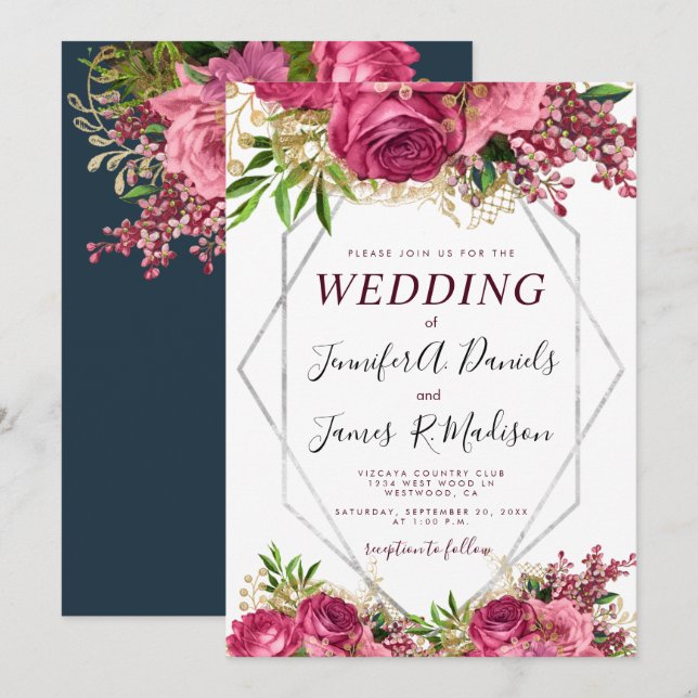 Burgundy navy blue blush silver Watercolor Bloom Invitation (Front/Back)