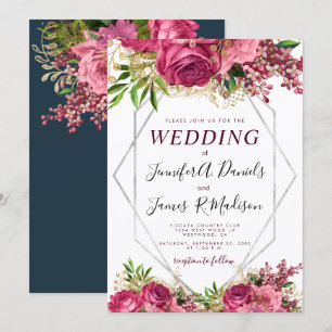 Burgundy navy blue blush silver Watercolor Bloom Invitation