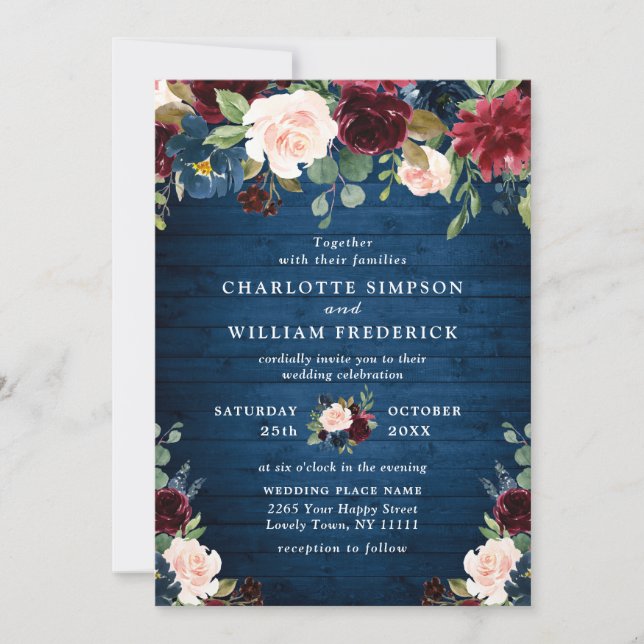 Burgundy Navy Blue Blush Watercolor Floral Wedding Invitation (Front)