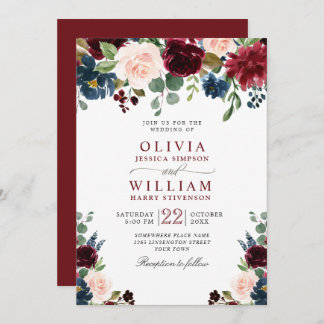 Burgundy Navy Blue Blush Watercolor Floral Wedding Invitation