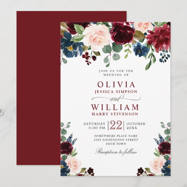 Burgundy Navy Blue Blush Watercolor Floral Wedding Invitation (Front/Back)