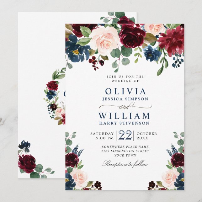 Burgundy Navy Blue Blush Watercolor Floral Wedding Invitation (Front/Back)