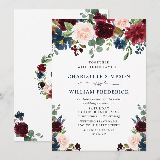 Burgundy Navy Blue Blush Watercolor Floral Wedding Invitation (Front/Back)