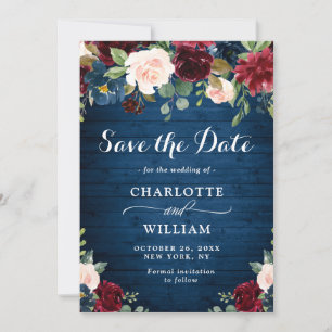Burgundy Navy Blue Blush Watercolor Floral Wedding Save The Date