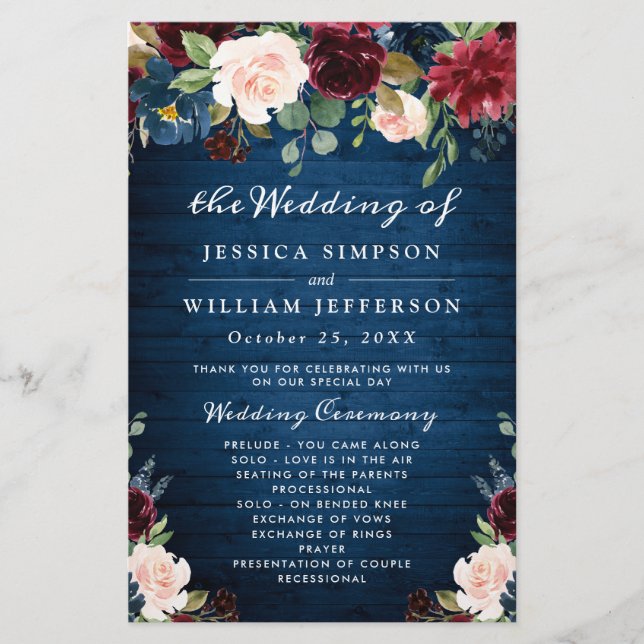 Burgundy Navy Blue Blush Wedding Ceremony Program (Front)