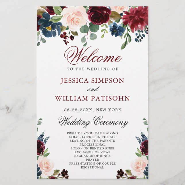 Burgundy Navy Blue Blush Wedding Ceremony Program (Front)