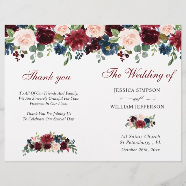 Burgundy Navy Blue Blush Wedding Ceremony Program (Front)