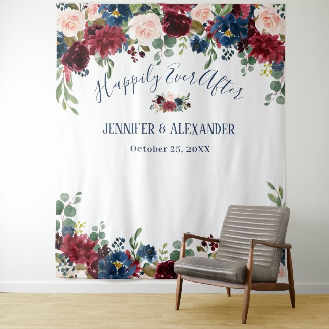 Burgundy Navy Blue Blush Wedding Photo Backdrop Tapestry (In Situ)