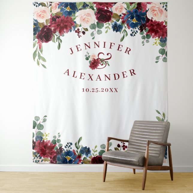 Burgundy Navy Blue Blush Wedding Photo Backdrop Tapestry (In Situ)