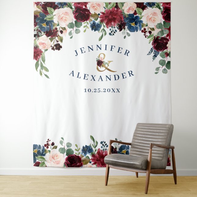 Burgundy Navy Blue Blush Wedding Photo Backdrop Tapestry (In Situ)