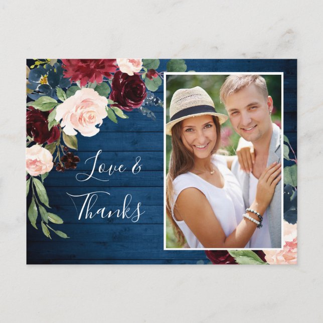 Burgundy Navy Blue Blush Wedding Photo Thank You Postcard (Front)