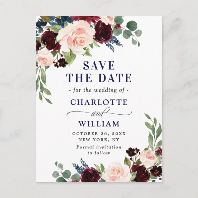Burgundy Navy Blue Blush Wedding Save the Date Announcement Postcard (Front)