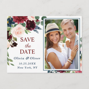 Burgundy Navy Blue Blush Wedding Save the Date Announcement Postcard