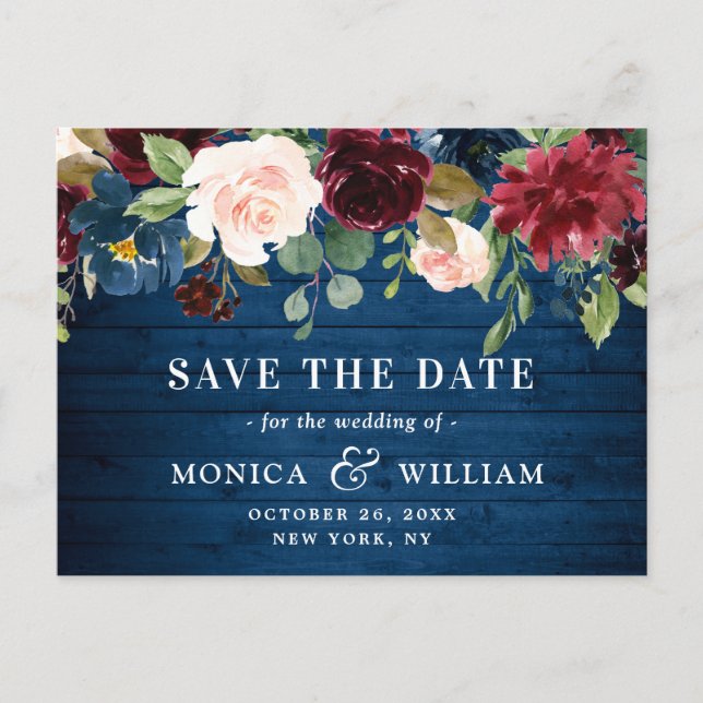 Burgundy Navy Blue Blush Wedding Save the Date Announcement Postcard (Front)