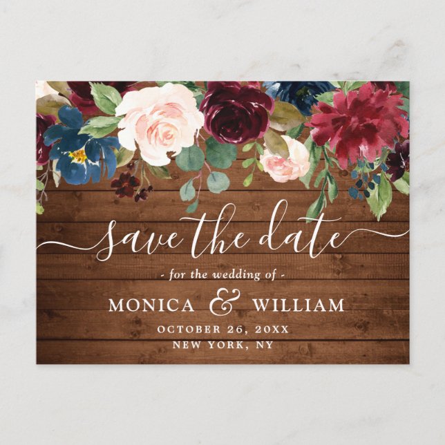 Burgundy Navy Blue Blush Wedding Save the Date Announcement Postcard (Front)