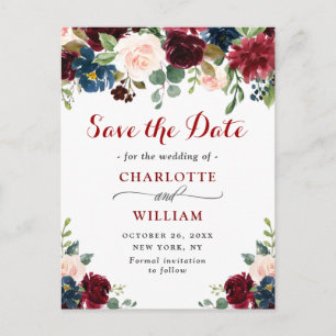 Burgundy Navy Blue Blush Wedding Save the Date Announcement Postcard