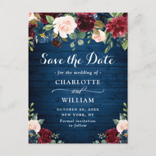 Burgundy Navy Blue Blush Wedding Save the Date Announcement Postcard