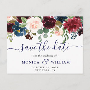 Burgundy Navy Blue Blush Wedding Save the Date Announcement Postcard