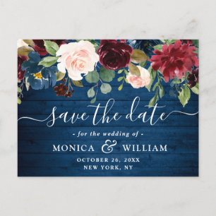 Burgundy Navy Blue Blush Wedding Save the Date Postcard