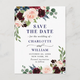 Burgundy Navy Blue Blush Wedding  Save the Date Postcard