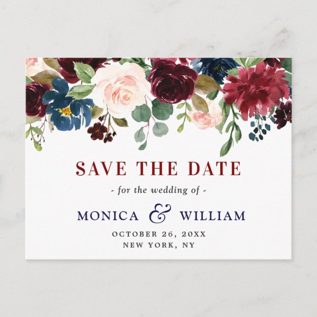 Burgundy Navy Blue Blush Wedding  Save the Date Postcard (Front)