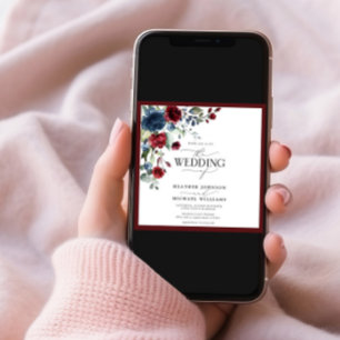 Burgundy Navy Blue Elegant Floral Watercolor Photo Invitation