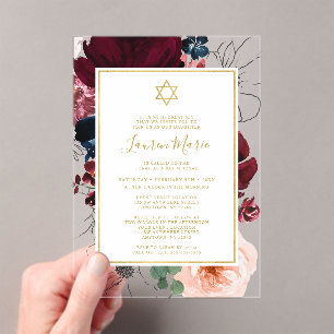 Burgundy Navy Blue Floral Bat Mitzvah Acrylic Invitations
