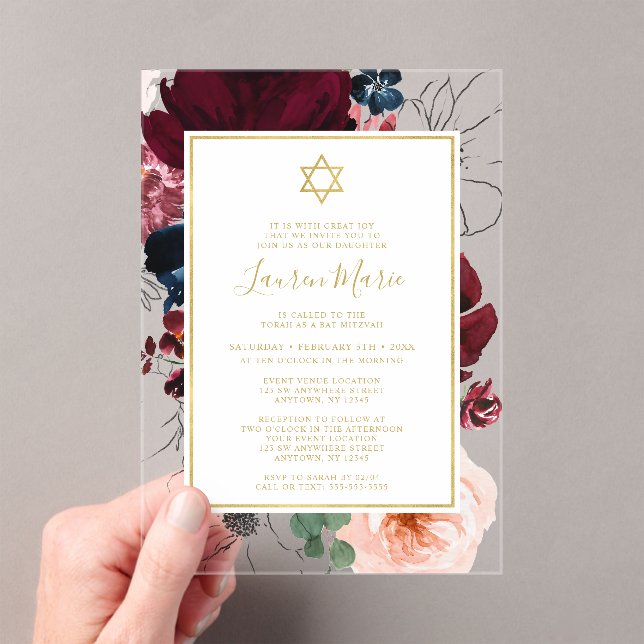 Burgundy Navy Blue Floral Bat Mitzvah Acrylic Invitations (Insitu (Handheld))