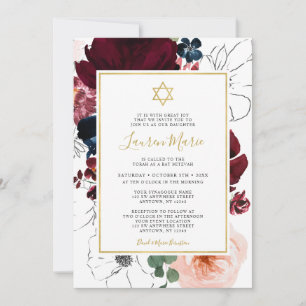 Burgundy Navy Blue Floral Bat Mitzvah Invitation