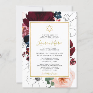 Burgundy Navy Blue Floral Bat Mitzvah Invitation