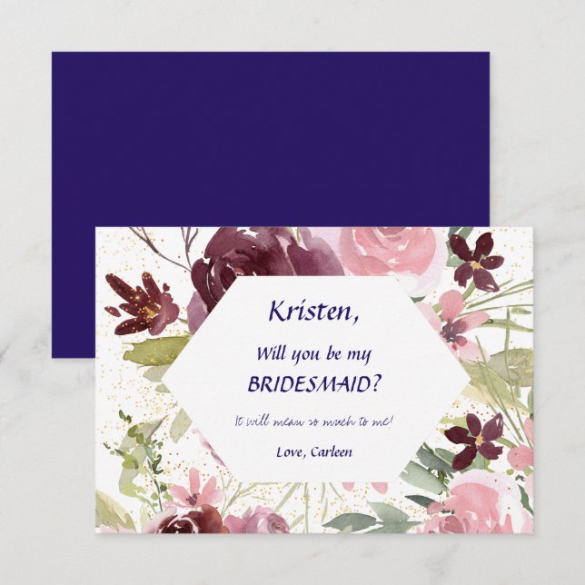 Burgundy Navy Blue Floral Be My Bridesmaid Invitation (Front/Back)