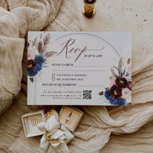 Burgundy Navy Blue Floral Boho Wedding RSVP Card