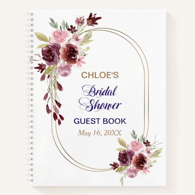 Burgundy Navy Blue Floral Bridal Shower Guest Book (Front)