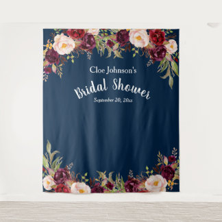 Burgundy Navy Blue Floral Bridal Shower Photo Prop Tapestry