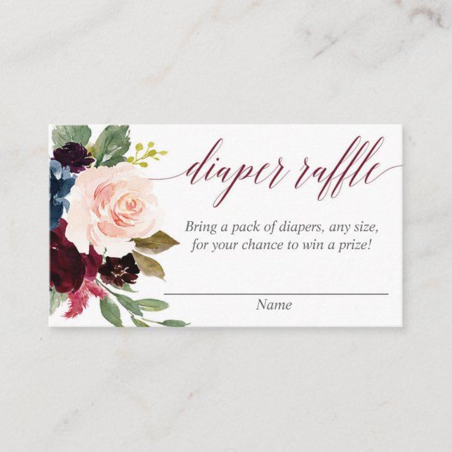 Burgundy navy blue floral diaper raffle cards (Front)