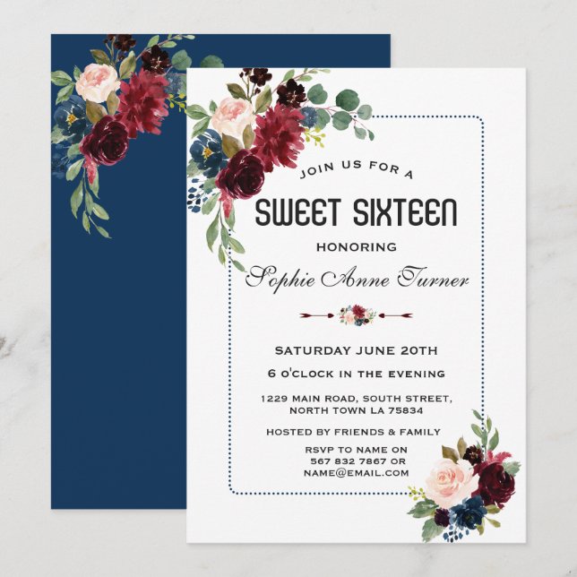 Burgundy Navy Blue Floral Dotted Frame Sweet 16 Invitation (Front/Back)