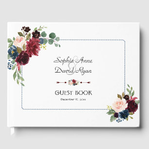 Burgundy Navy Blue Floral Dotted Frame Wedding Guest Book