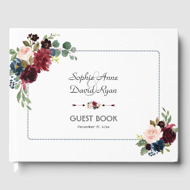 Burgundy Navy Blue Floral Dotted Frame Wedding Guest Book (Front)