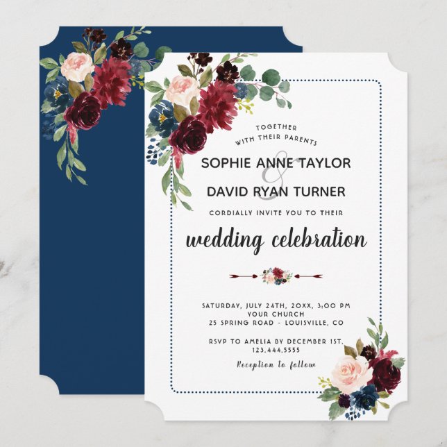 Burgundy Navy Blue Floral Dotted Frame Wedding Invitation (Front/Back)