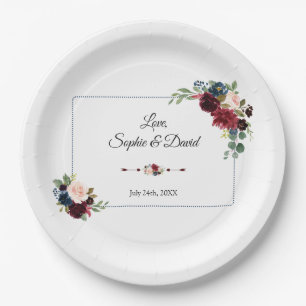 Burgundy Navy Blue Floral Dotted Frame Wedding Paper Plate