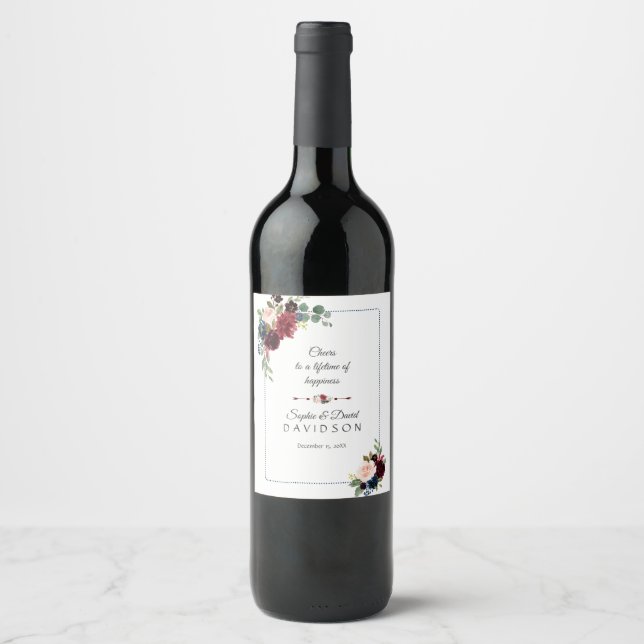 Burgundy Navy Blue Floral Dotted Frame Wedding Wine Label (Front)