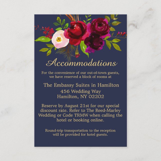 Burgundy Navy Blue Floral Elegant Script Enclosure Card (Front)