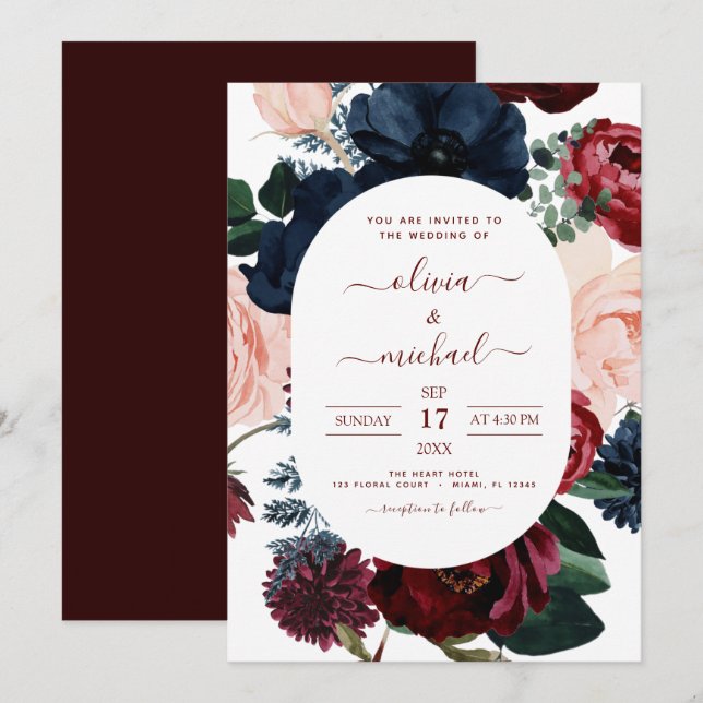 Burgundy Navy Blue Floral Eucalyptus Wedding Invitation (Front/Back)